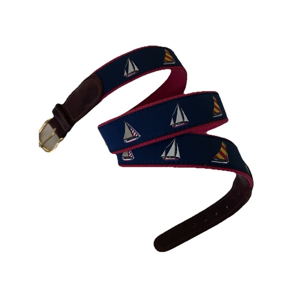 Leather Man Cotton Ribbon Belt Brass Sailboat Nautical Navy Mens Sz 40 Handmade